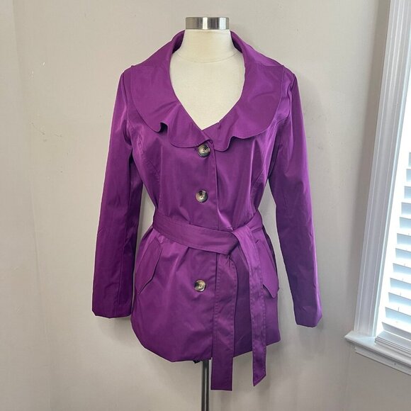 SANDRO STUDIO Purple Ruffle Trim All-Weather Lightweight Jacket Tie Belt, Large - Picture 1 of 11